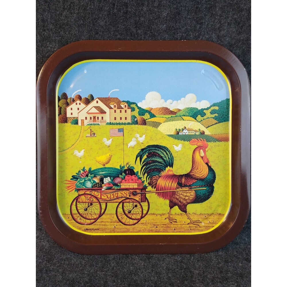 Vintage Tray Rooster Express Charles Wynsocki 1983 Americana Folk Art England